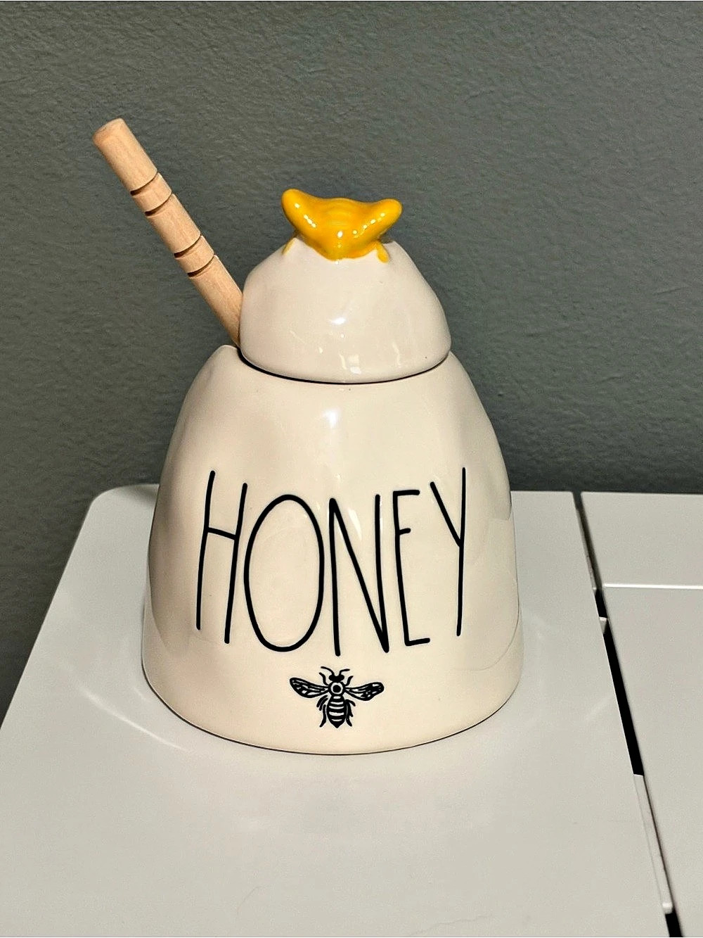 Rae Dunn Artisan Collection Ceramic Honey Pot with Bee Lid and Wooden Dipper